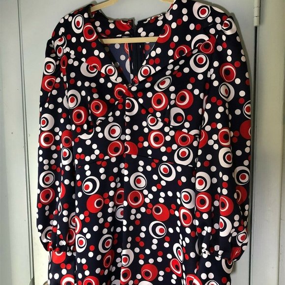 70's maxi dress red white blue polka dot geometric - Picture 2 of 8